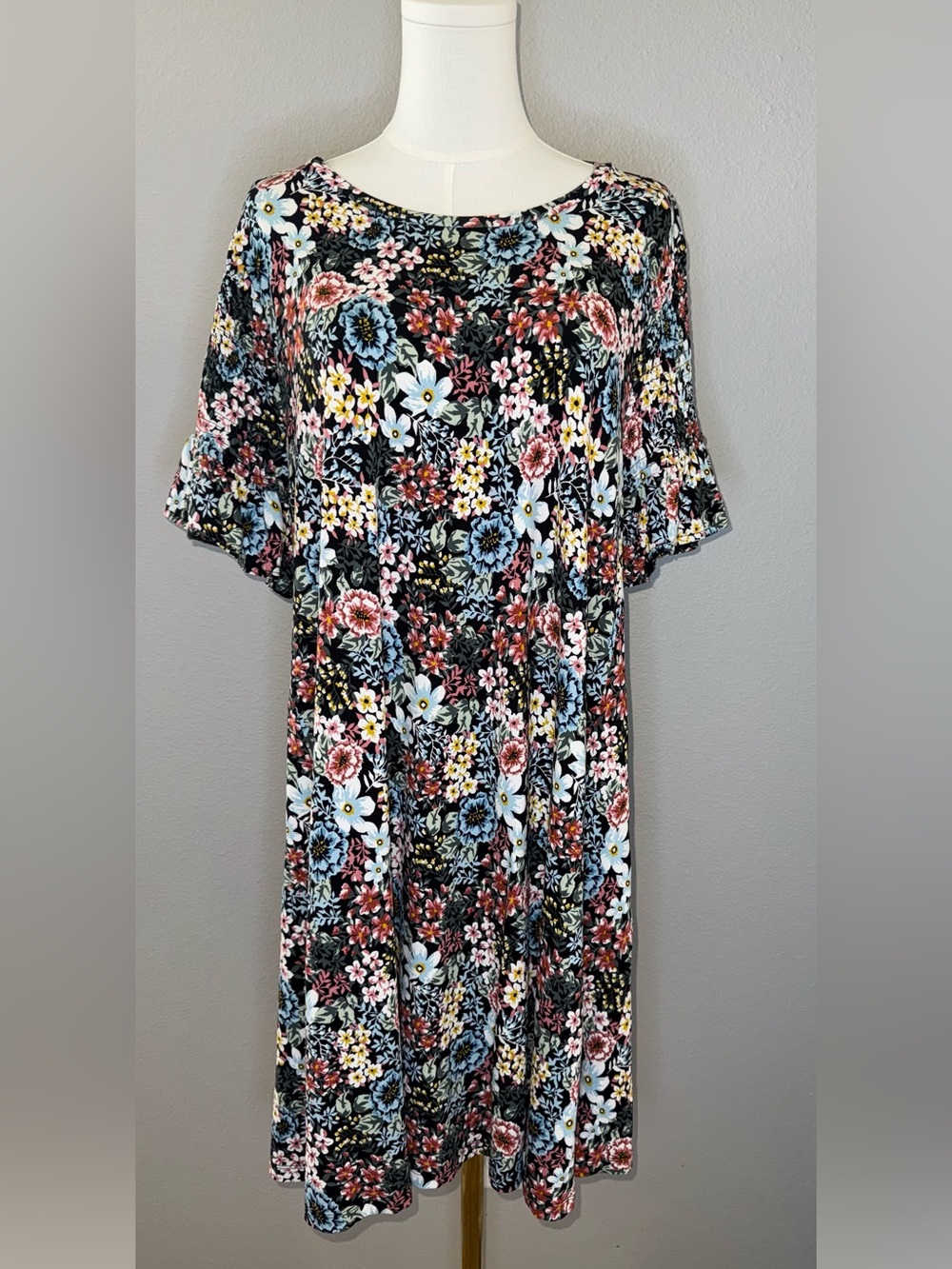 LOFT Black Floral Midi Dress with Multi-Color Blooms
